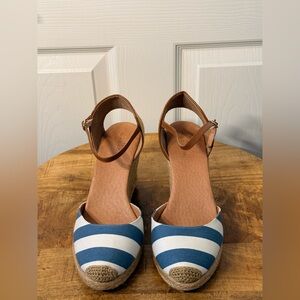 Caslon Blue and White Striped Wedge Sandals with Tan Ankle Strap